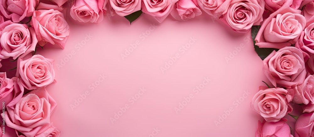 Aufkleber top view of a pink background with a copy space image of an empty frame surrounded by beautiful rose