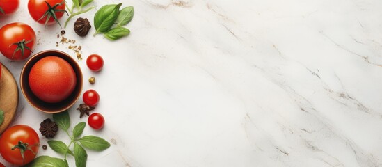 A food blog or cookbook cover template displaying a frame composed of vibrant tomatoes herbs and spices along with a wooden cutlery set resting on a light marble background The top view offers ample c