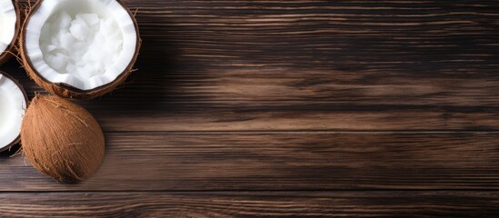 Copy space image featuring coconut oil in a bowl and coconut flakes scattered on a wooden background