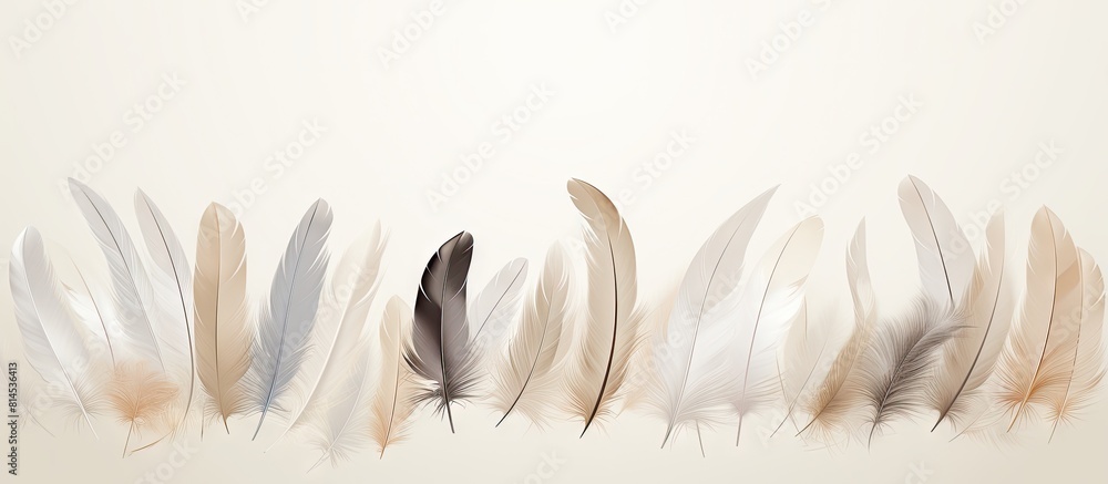 Poster a copy space image featuring casually arranged delicate feathers in beige and gray on a white abstra