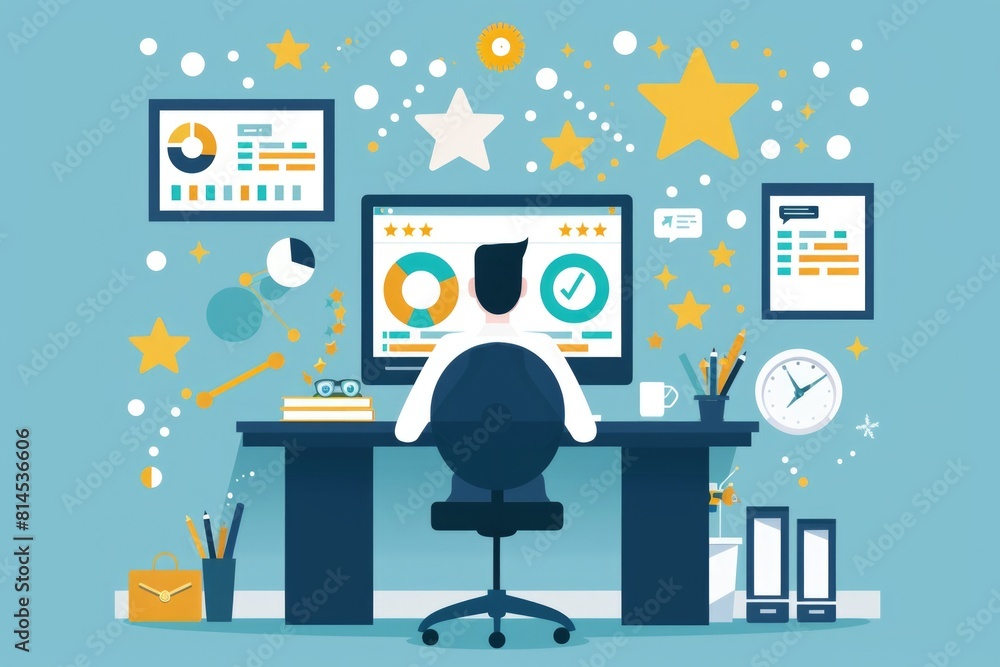 Poster a person sitting at a desk with a computer. suitable for office and technology concepts