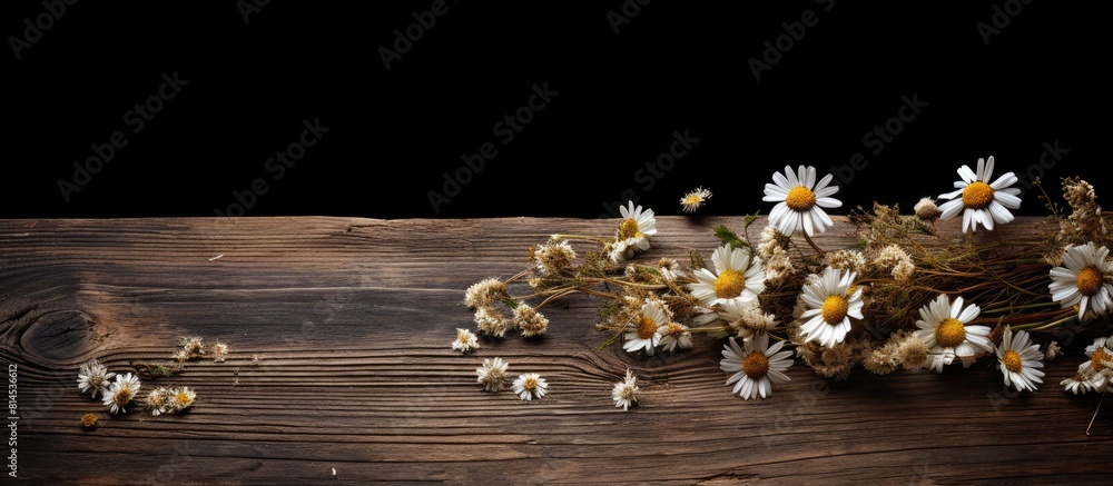 Poster a copy space image of dried chamomile flowers elegantly arranged on a rustic dark wood table