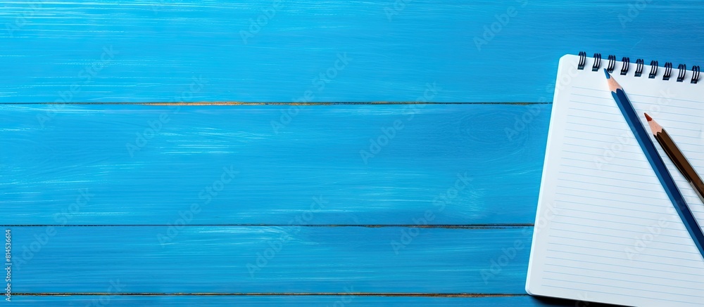 Wall mural a copy space image showing a pen placed on a blue notepad which is sitting on a table