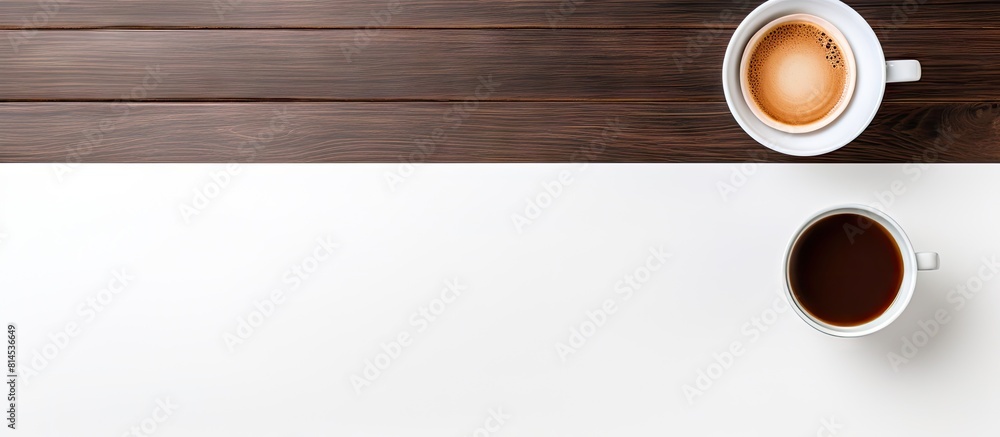 Poster an isolated white desk with a coffee cup placed in the center provides a clean and empty surface cop