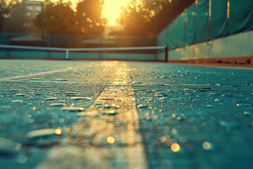 Close-up of a green tennis court or sports stadium surface after the rain at sunset. Generated by artificial intelligence