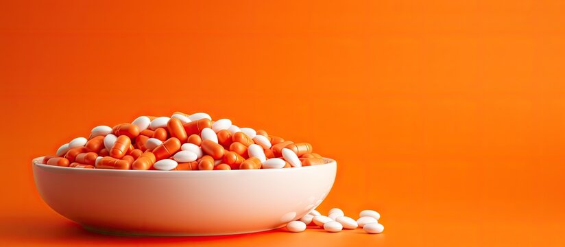 An isolated orange background showcases a collection of pill blister packs arranged in a bowl offering ample copy space for the image 148 characters