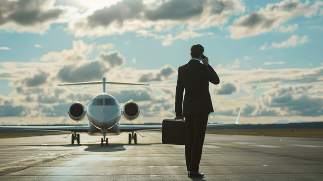 A businessman in black suit and with briefcase is standing on the airport runway near private jet while making phone call, view from back side, blurred background,