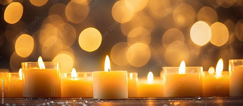 Poster The soft flickering glow of candle lights creates a warm and cozy ambiance perfect for relaxation and intimacy. with copy space image. Place for adding text or design