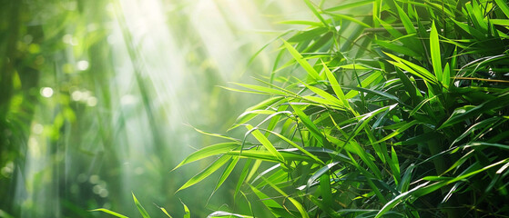 Sunlight filtering through tall bamboo trees in a peaceful forest, creating a tranquil atmosphere.