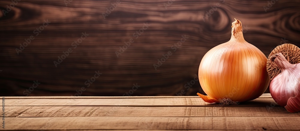 Poster Close up copy space image of a fresh and ripe onion placed on a rustic wooden table providing ample space for adding text