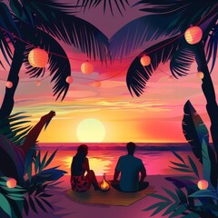 captivating vector-style illustration of a couple enjoying a romantic sunset at the beach,beautifully framed with palm trees and hanging lanterns, creating a warm and inviting atmosphere. The vibrant 