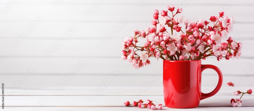Poster spring flowers in a red mug are displayed on a white wooden table with a copy space image for your o