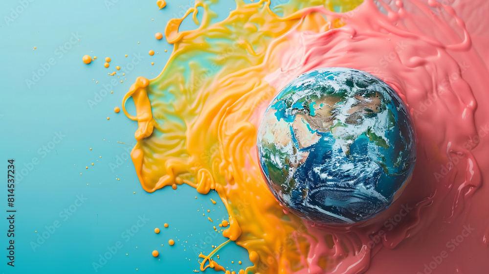 Poster a surreal top view of the earth appears to be melting into a minimalist color background, symbolizin