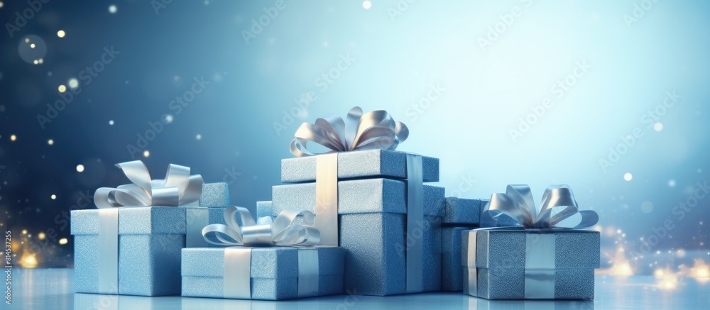 Poster copy space image of gifts on a backdrop of soft blue illuminate the scene