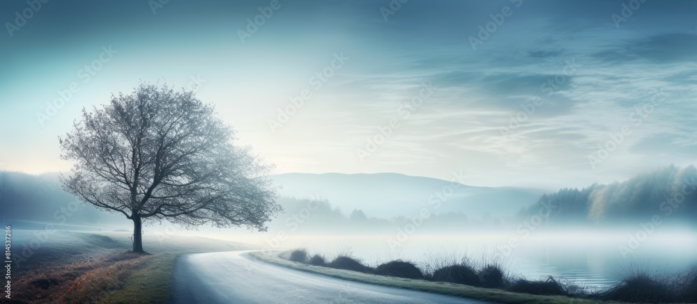 Poster a misty autumn morning with a road covered in cold fog perfect for a copy space image