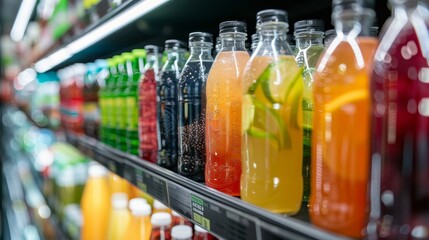 Vivid close-up of fresh drinks neatly arranged in a supermarket fridge, studio lighting and isolated background for sharp focus