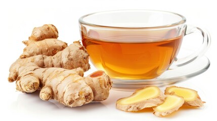 Ginger root and a cup of tea, isolated on white background