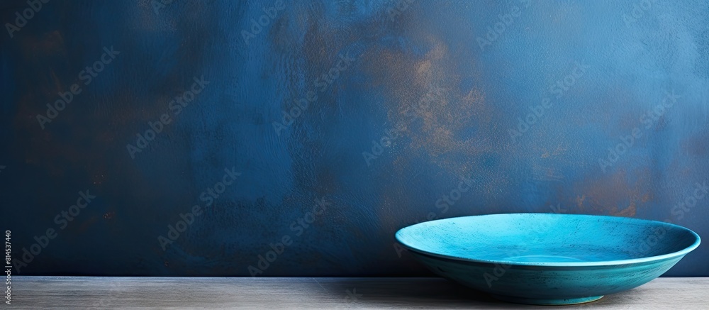 Poster A perspective view of a blue plate on a cement background with empty space for your design presented as a copy space image
