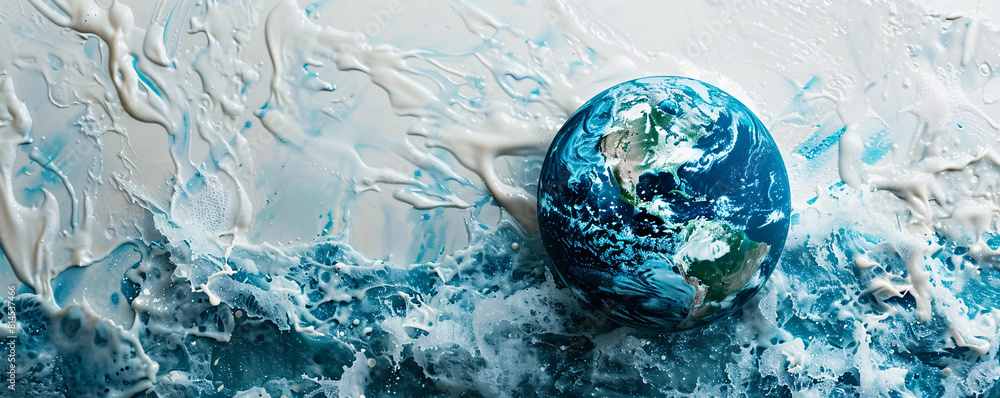 Poster a surreal top view of the earth appears to be melting into a minimalist color background, symbolizin
