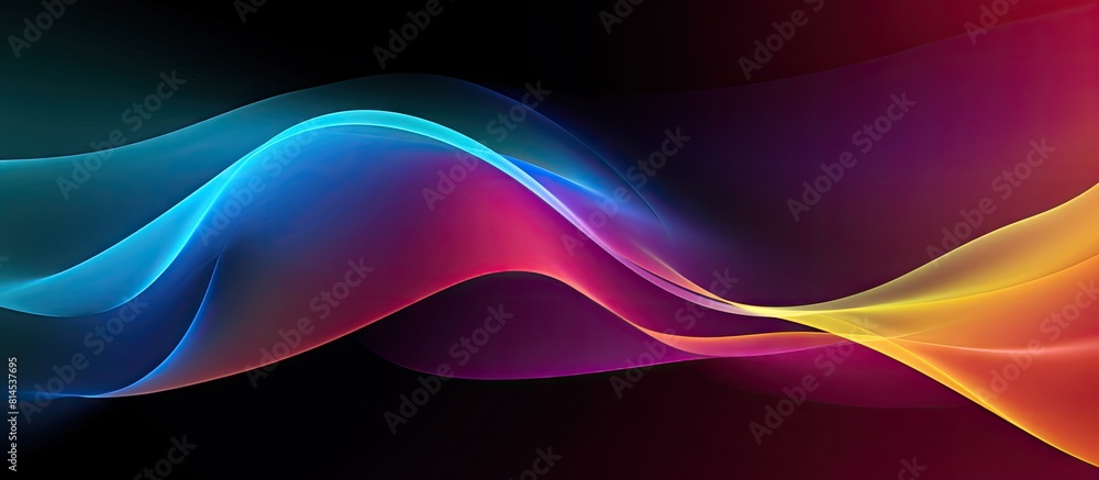 Poster Colorful abstract design of a dark grainy color gradient wave background in purple red yellow blue and green colors The poster like banner has a black copy space image