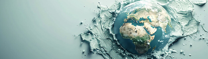 Fototapeta premium A surreal top view of the Earth appears to be melting into a minimalist color background, symbolizing the concept of global boiling. The image features ample copy space, emphasizing the dramatic