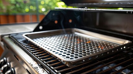 Close up of the grease tray on an empty barbecue grill, its clean surface a testament to the care and maintenance of its owner