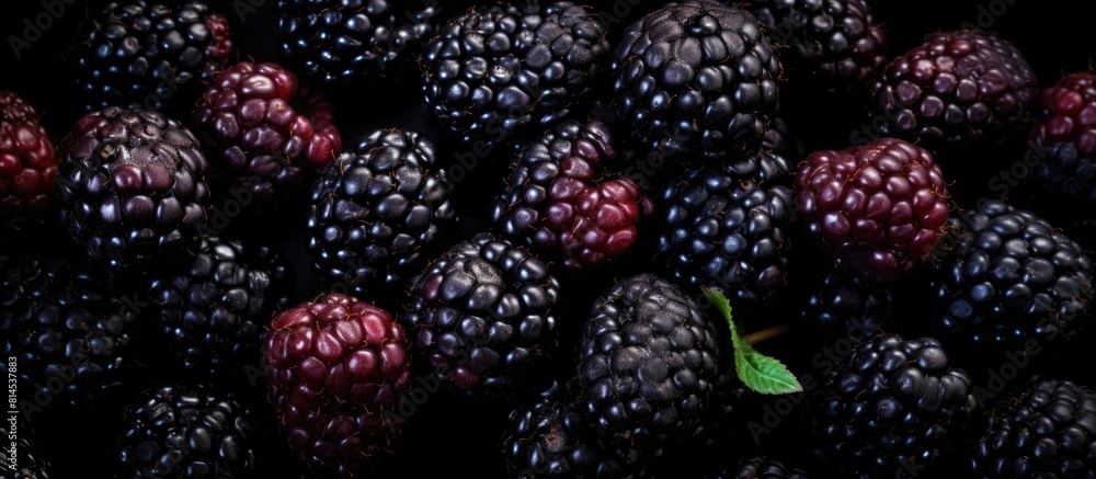 Poster a copy space image of fresh ripe blackberries seen from above on a scratched black background