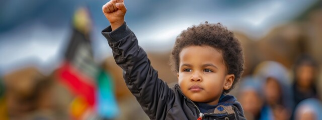Black baby, kid with fist raised, black history month concept, african american boy, copyspace, blank space for text, inclusivity and diversity, protest