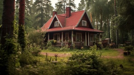 a cozy house with a red roof and brown walls, located in the middle of a lush pine forest. The house is surrounded by green plants