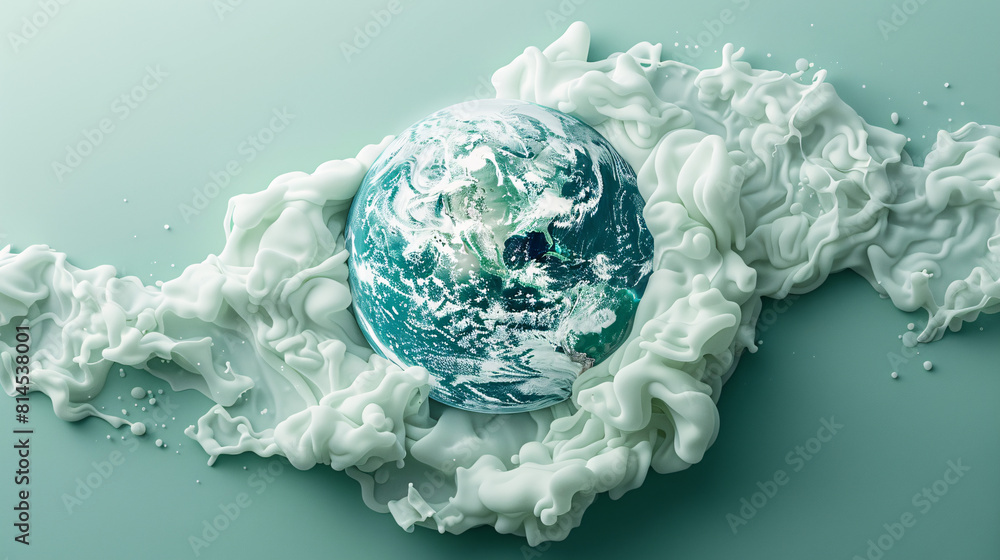 Poster a top view of a minimalist color background depicts the earth melting into a pool of liquid, symboli