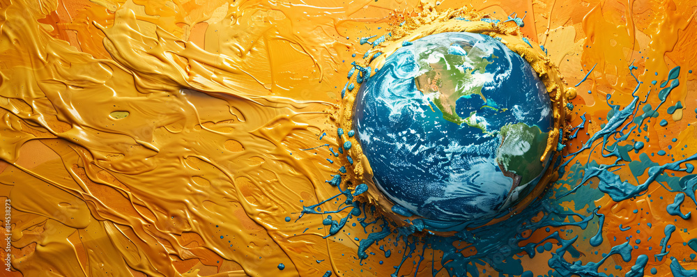 Poster a visually compelling stock photo presents a top view of the earth melting into a minimalist, vibran