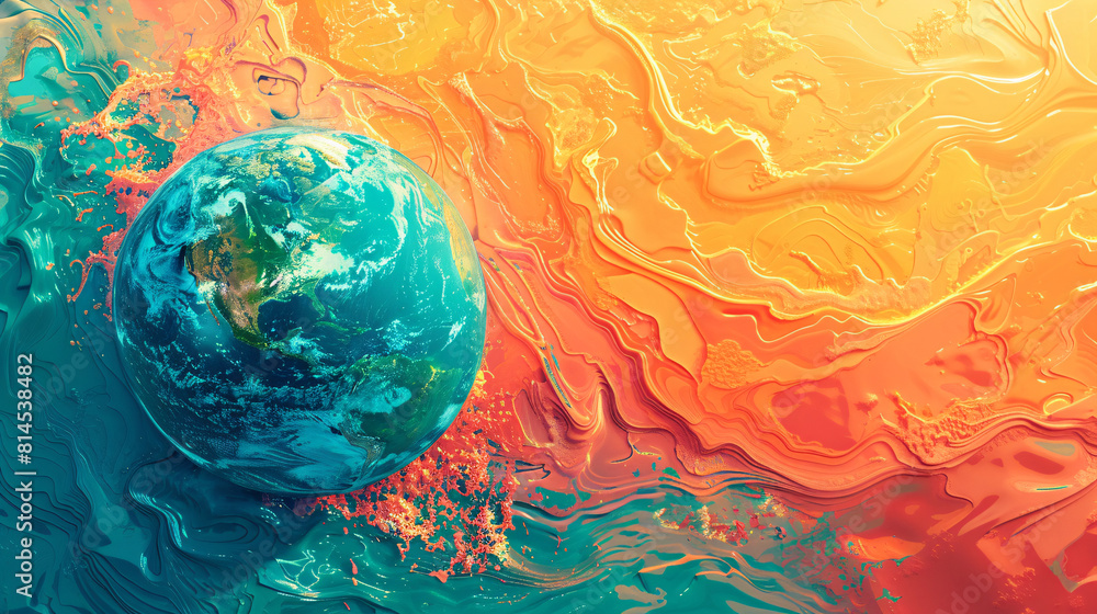 Poster in a minimalist design, a top-down perspective shows a melting globe on a solid color background. th