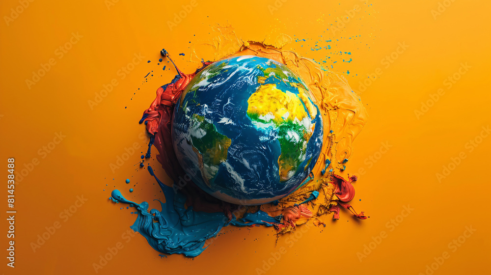 Poster in a minimalist design, a top-down perspective shows a melting globe on a solid color background. th