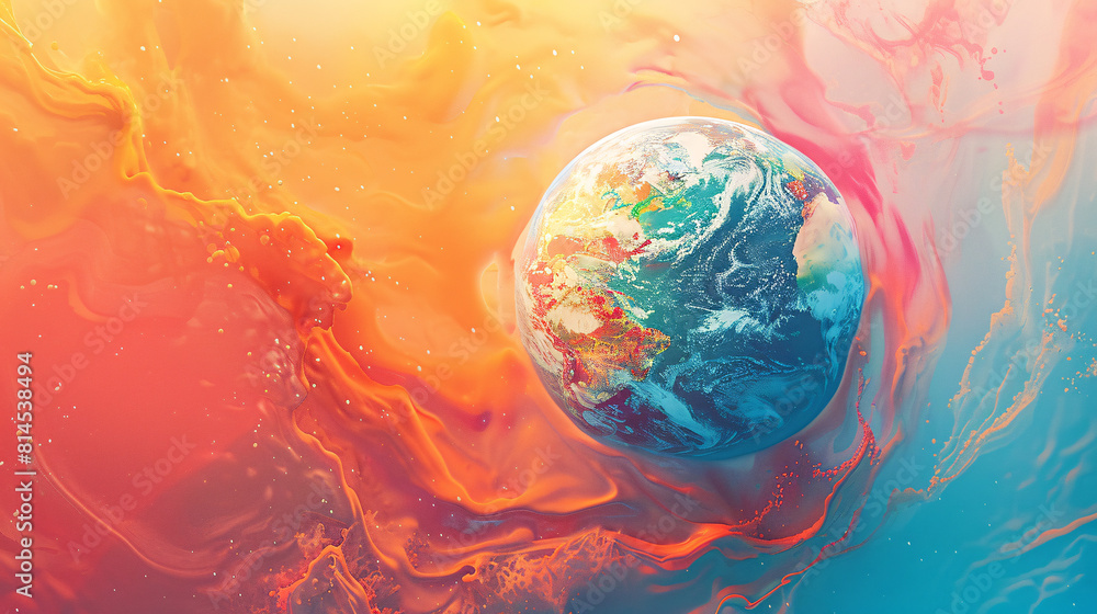Poster in a minimalist design, a top-down perspective shows a melting globe on a solid color background. th