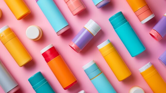 Top view of an assortment of deodorant spray bottles and roll-ons, positioned neatly for advertising, isolated background, studio lighting