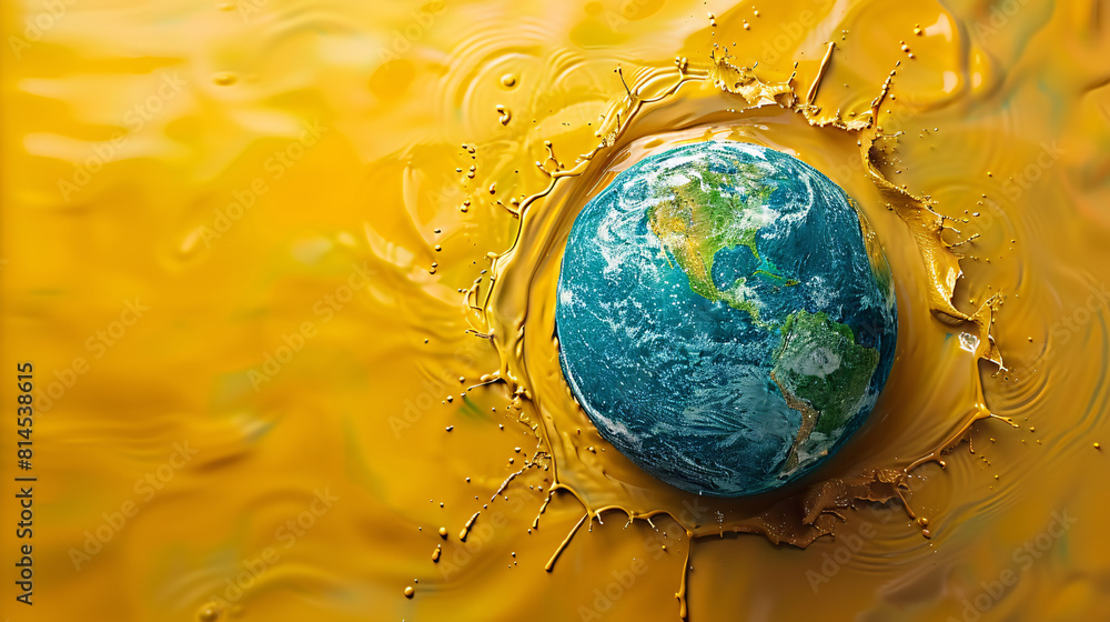 Poster from a top-down perspective, the earth is depicted as melting into a vibrant, minimalist background,