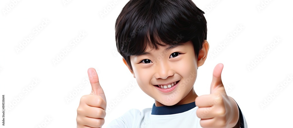 Poster smiling asian boy isolated on white background raises both thumbs and looks at the camera ample copy
