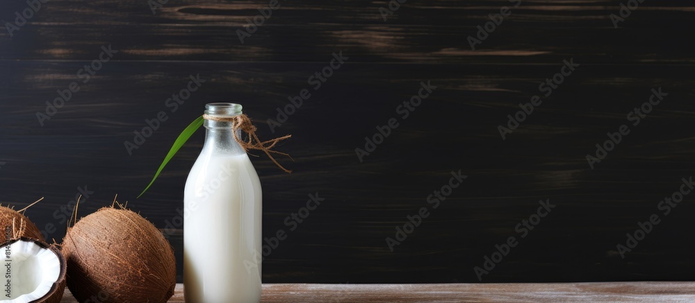 Poster Wooden table with a bottle of coconut milk nuts and empty space for text in the image. with copy space image. Place for adding text or design