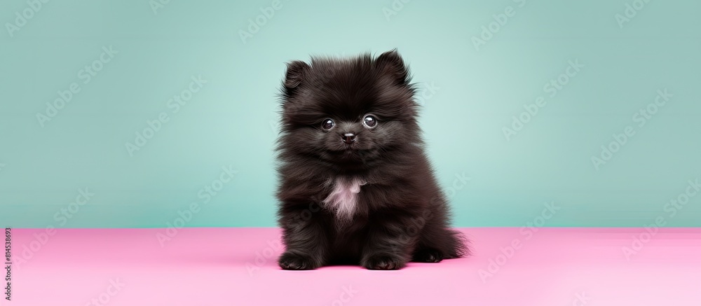 Poster Adorable black Pomeranian Spitz puppy with fluffy fur on a pink background This dog is perfect for families and is a tiny Dwarf Spitz pom. with copy space image. Place for adding text or design