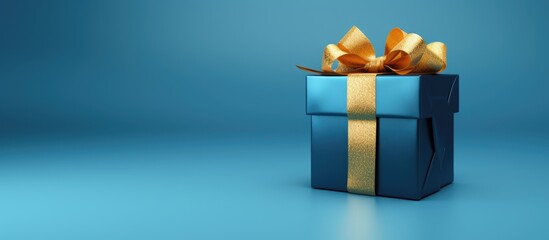 A Christmas gift box is placed on a blue background providing a blank space for a mock up image. with copy space image. Place for adding text or design