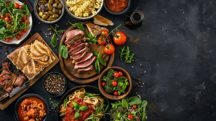 Top view, healthy main courses of various types arranged neatly on a dark, isolated background, showcasing meats, salads, pasta, and sauces