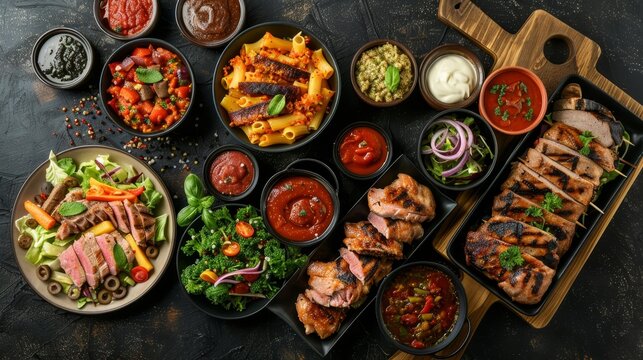 Top view, healthy main courses of various types arranged neatly on a dark, isolated background, showcasing meats, salads, pasta, and sauces