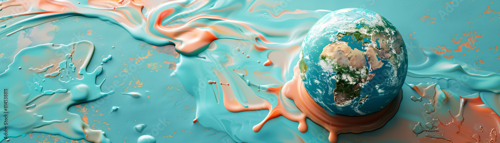 Poster in a minimalist design, a top-down perspective shows a melting globe on a solid color background. th