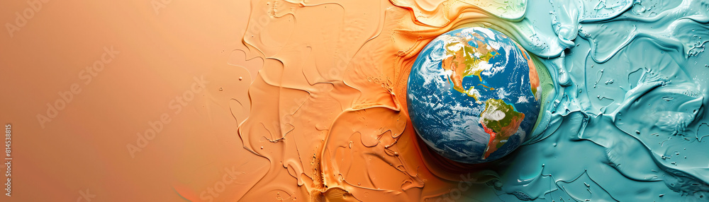 Poster in a minimalist design, a top-down perspective shows a melting globe on a solid color background. th
