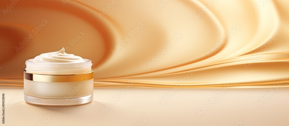 Poster a beauty cosmetics jar on a gold background with an open lid serving as a branding mock up for a fac