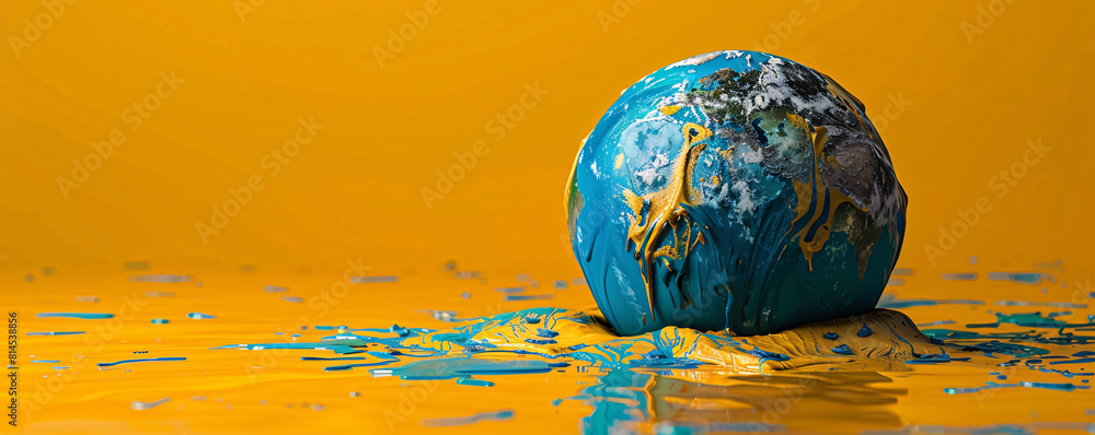 Poster in a minimalist design, a top-down perspective shows a melting globe on a solid color background. th