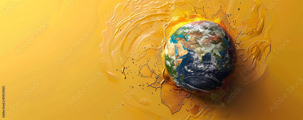 Poster in a minimalist design, a top-down perspective shows a melting globe on a solid color background. th