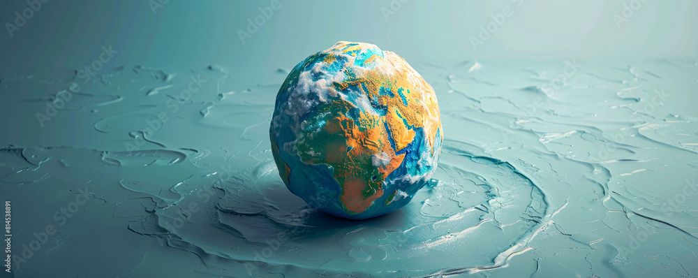 Poster in a minimalist design, a top-down perspective shows a melting globe on a solid color background. th