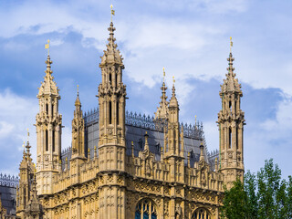 Close up at small spired towers in Palace of Westminster (London, England, United Kingdom)