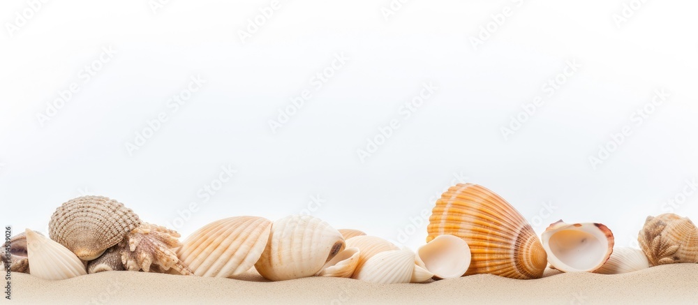 Poster a close up image of sea shells on sandy beach with a white isolated background providing copy space